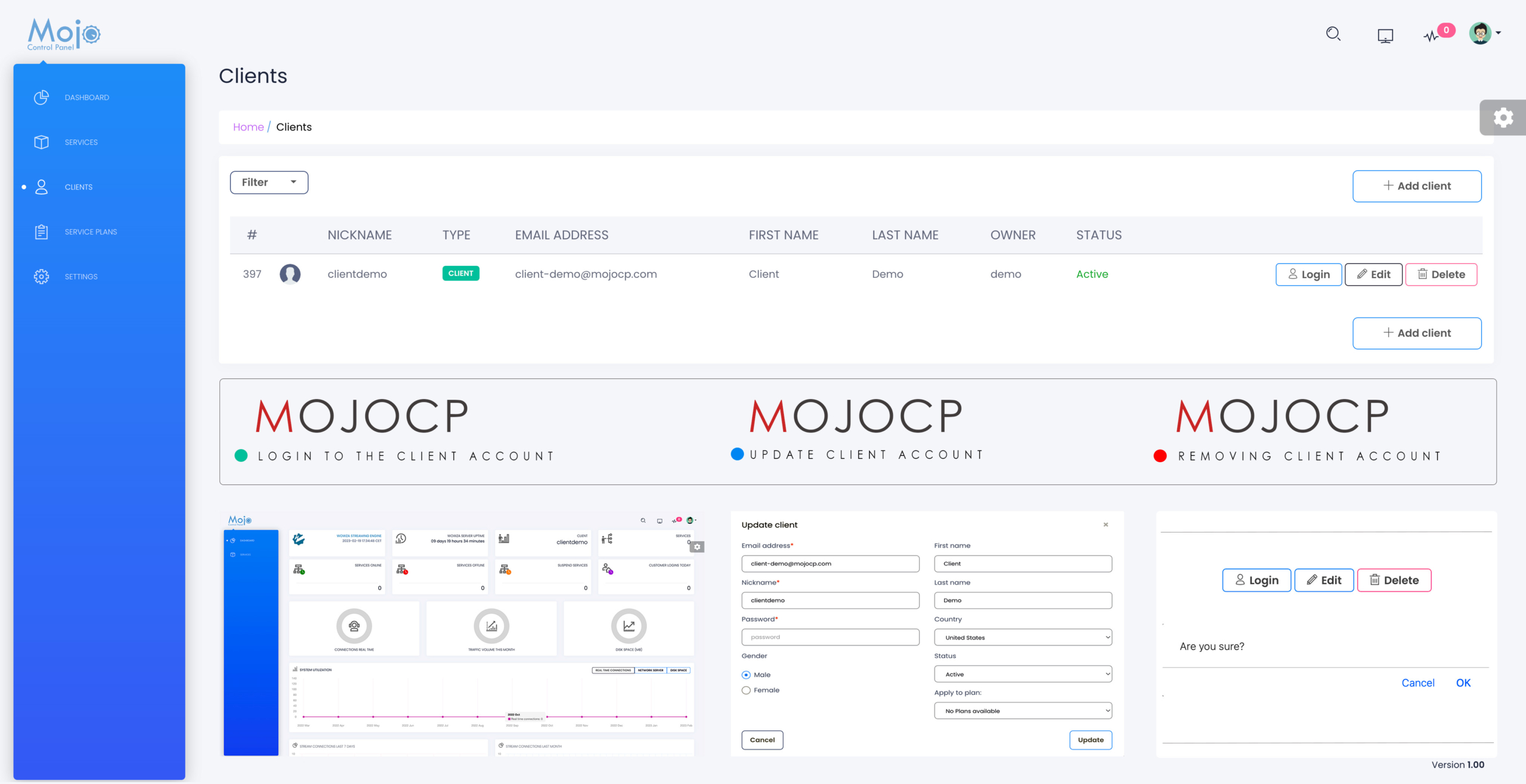 MojoCP Managing Client Accounts