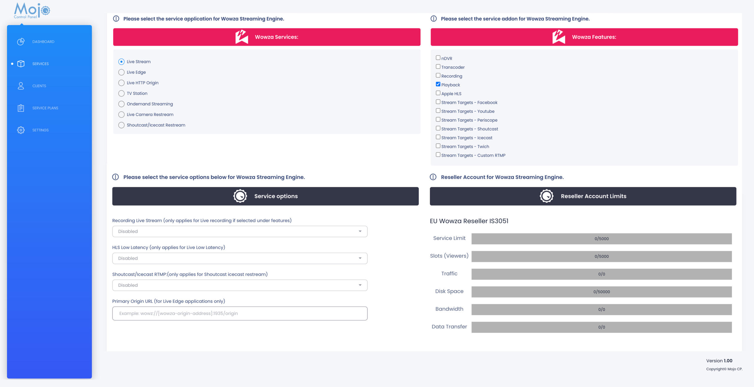 MojoCP Reseller Account Limits refer to the maximum number of streaming.